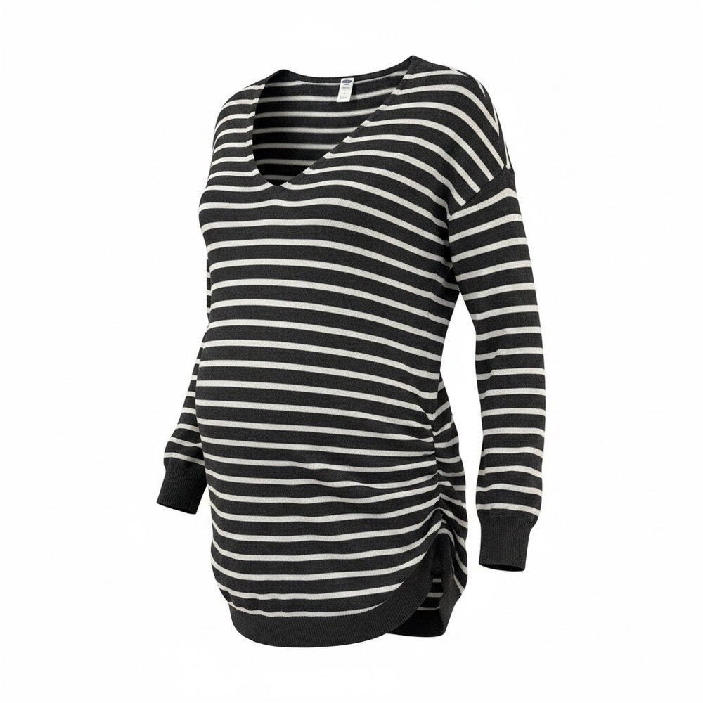 Old Navy Ruched Side Maternity Sweater Women’s Size S Gray/White Striped V-Neck